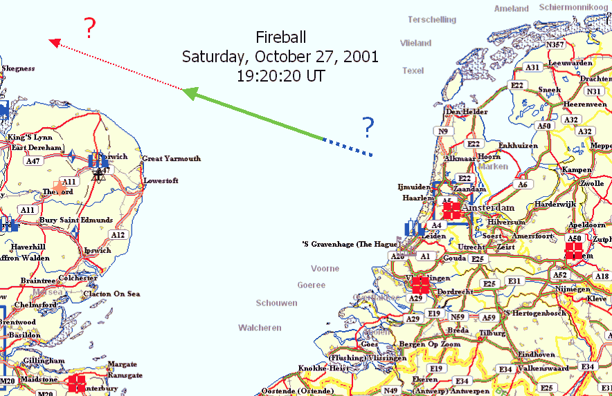 Map of the trajecory of the fireball