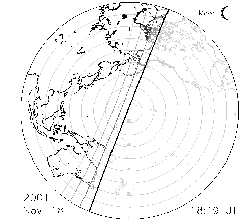 Leonids 2001, 18:19 UTC - Visibility diagram by Rob McNaught