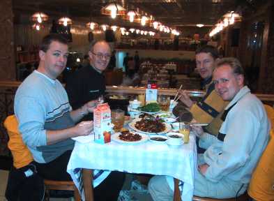 Arnold, Casper, Jos and Sietse at their famous restaurant near our Labour Hotel at Beijing